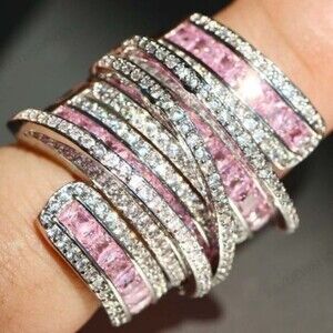 NEW Elegant Spiral Design Silver White Sapphire Natural Stone